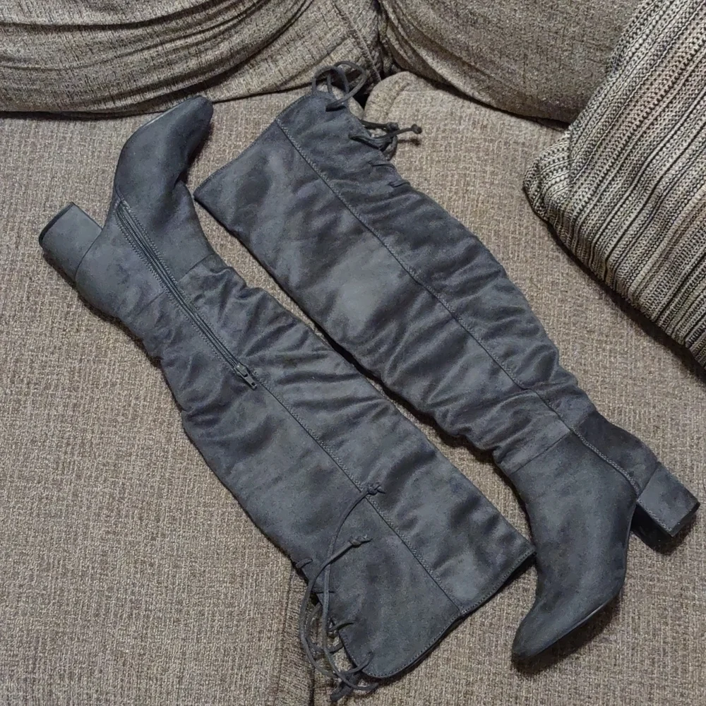 Over the Knee Faux Suede Lace Up the Back Boots